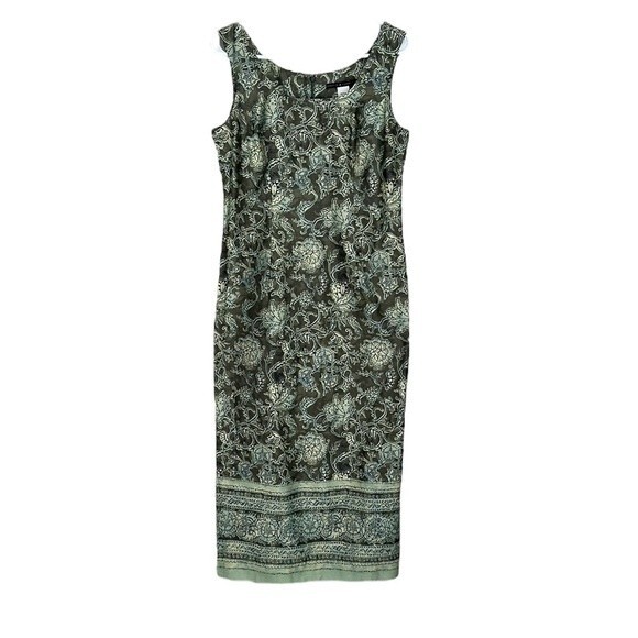PERUVIAN CONNECTION Pima Cotton Border Print Sleeveless Sheath Dress Green Sz 6 - Picture 1 of 9
